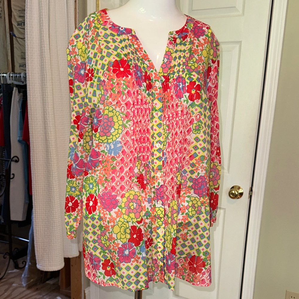 Talbots Vibrant Floral Blouse - Red, Yellow, Green
